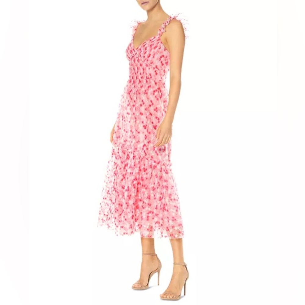ML Monique Lhuillier Floral Embroidered Mesh Pink & White Midi Dress | Size 10 - Picture 4 of 10
